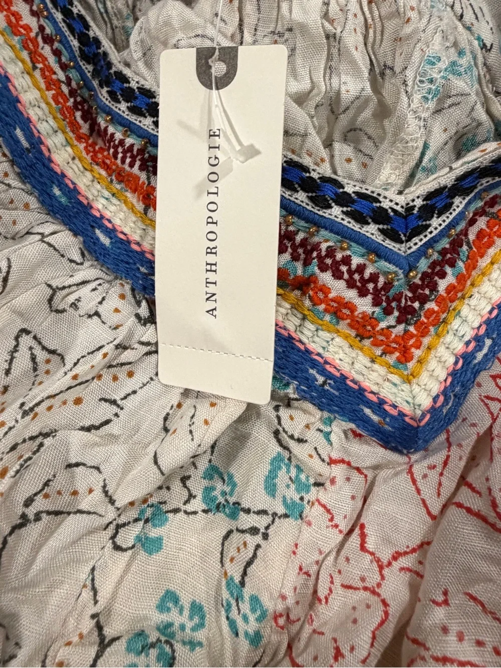 NWTMaeve Cream Embroidered Square-Neck Top with Orange Tassels and Blue Trim